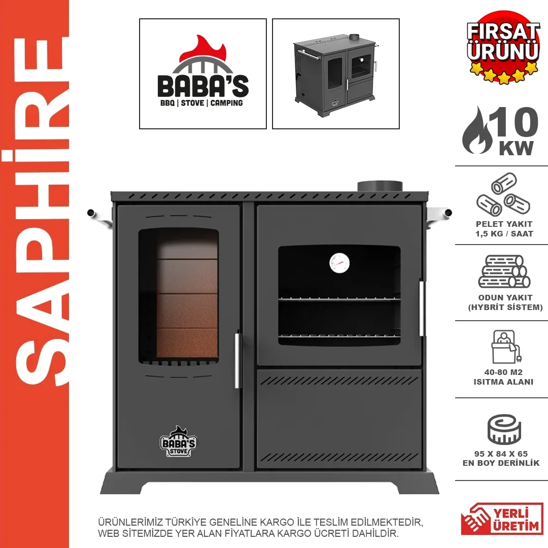 Babas Stove Saphıre 10kw Manuel Hibrit (odun+pelet) Yatay Kuzine Pelet Sobası